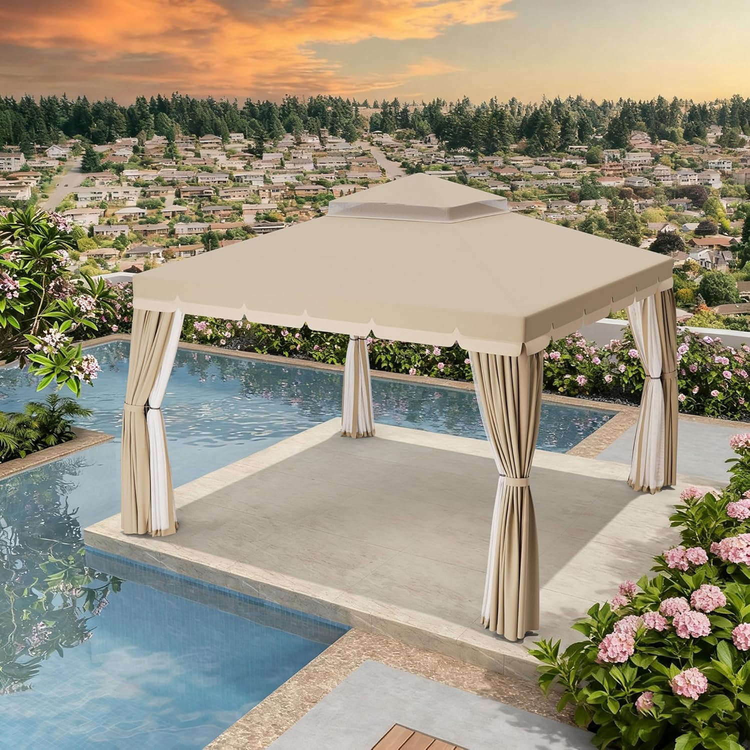 SOLAURA 10 x 10 ft Outdoor Patio Gazebo, Patio Canopy Shelter with Vented Soft Top, Breathable Mosquito Netting & Privacy Curtains, Beige