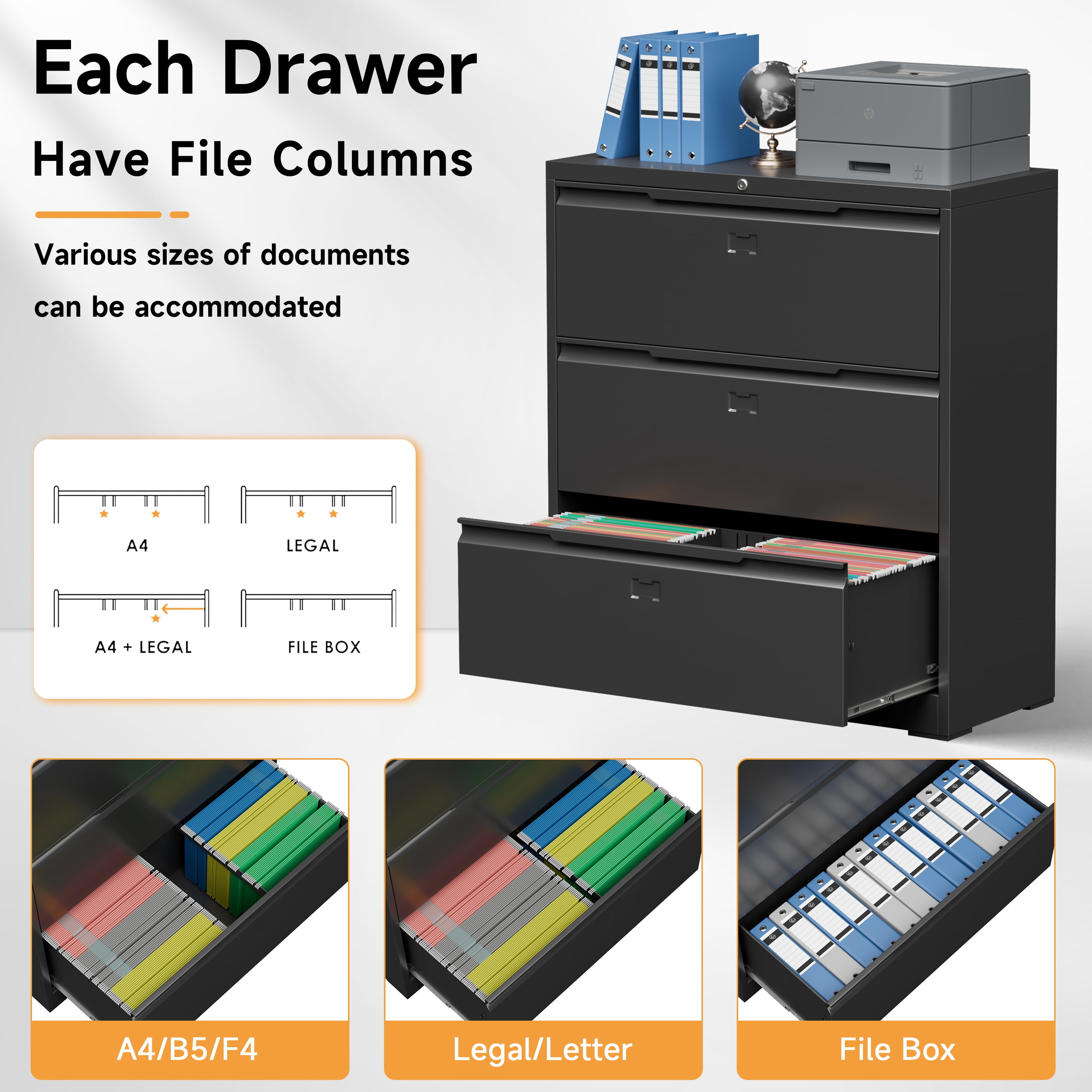 Lateral File Cabinet with Lock, 3 Drawer Lateral Filing Cabinet for Office Home, Locking Metal Steel Wide File Cabinet for Hanging Files Letter/Legal/F4/A4 Size, Easy Assemble Black