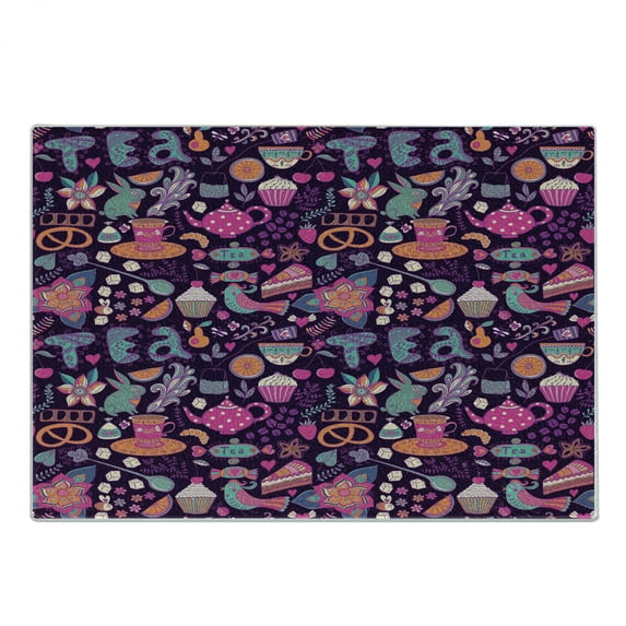 Tea Party Cutting Board, Vibrant Colored Abstract Expression of Tea Party Cupcakes Sugar Teacups and Pots, Decorative Tempered Glass Cutting and Serving Board, Small Size, Multicolor, by Ambesonne