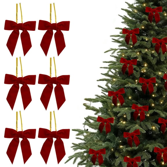 Fwttom 6 Pack Velvet Bows for Christmas Tree - Hanging Ornaments Red Christmas Bows for Wreaths, Holiday Party Xmas Decorations