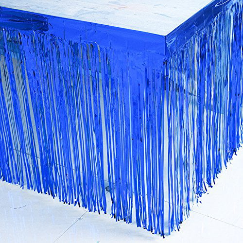 Blue Foil Fringe Curtain Blukey 29x108-Inch Blue Metallic Foil Fringe Table Skirt Banner Tinsel Table Cover For Every Occasions