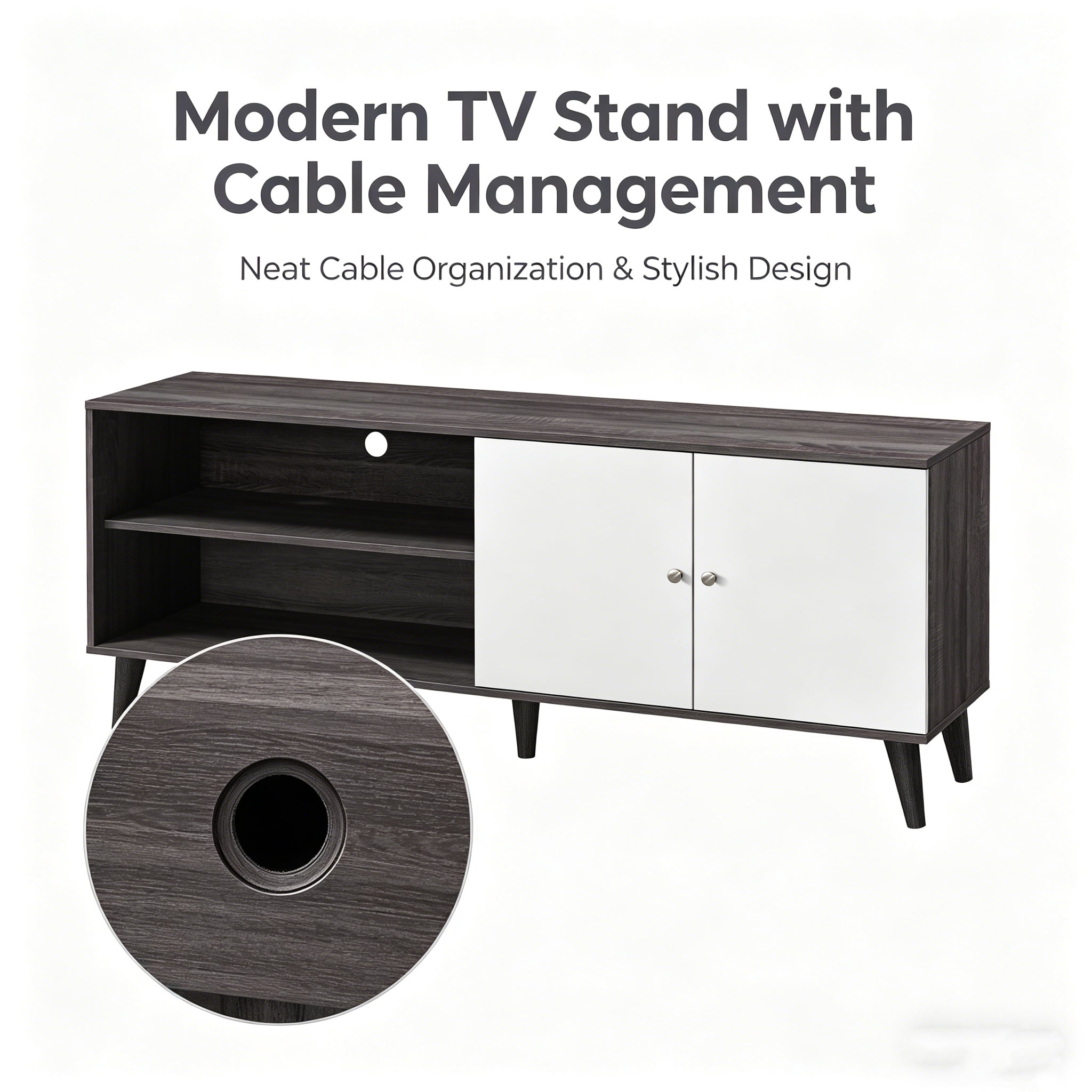 Aukfa Mid-Century Modern TV Stand for TVs up to 65", Wood Entertainment Center with 2 Doors, Low Profile Media Console,Gray