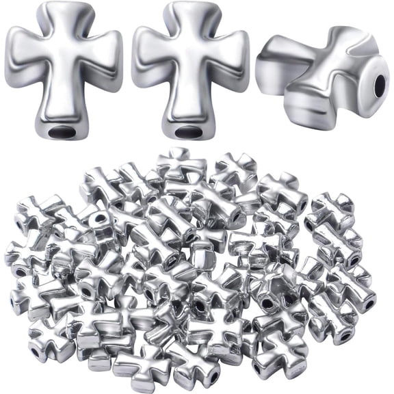 50pcs Antique Silver Cross Spacer Beads Tibetan Alloy Crucifix Cross Charm Beads for DIY Jewelry Bracelet Making,9.6mm×8.4mm