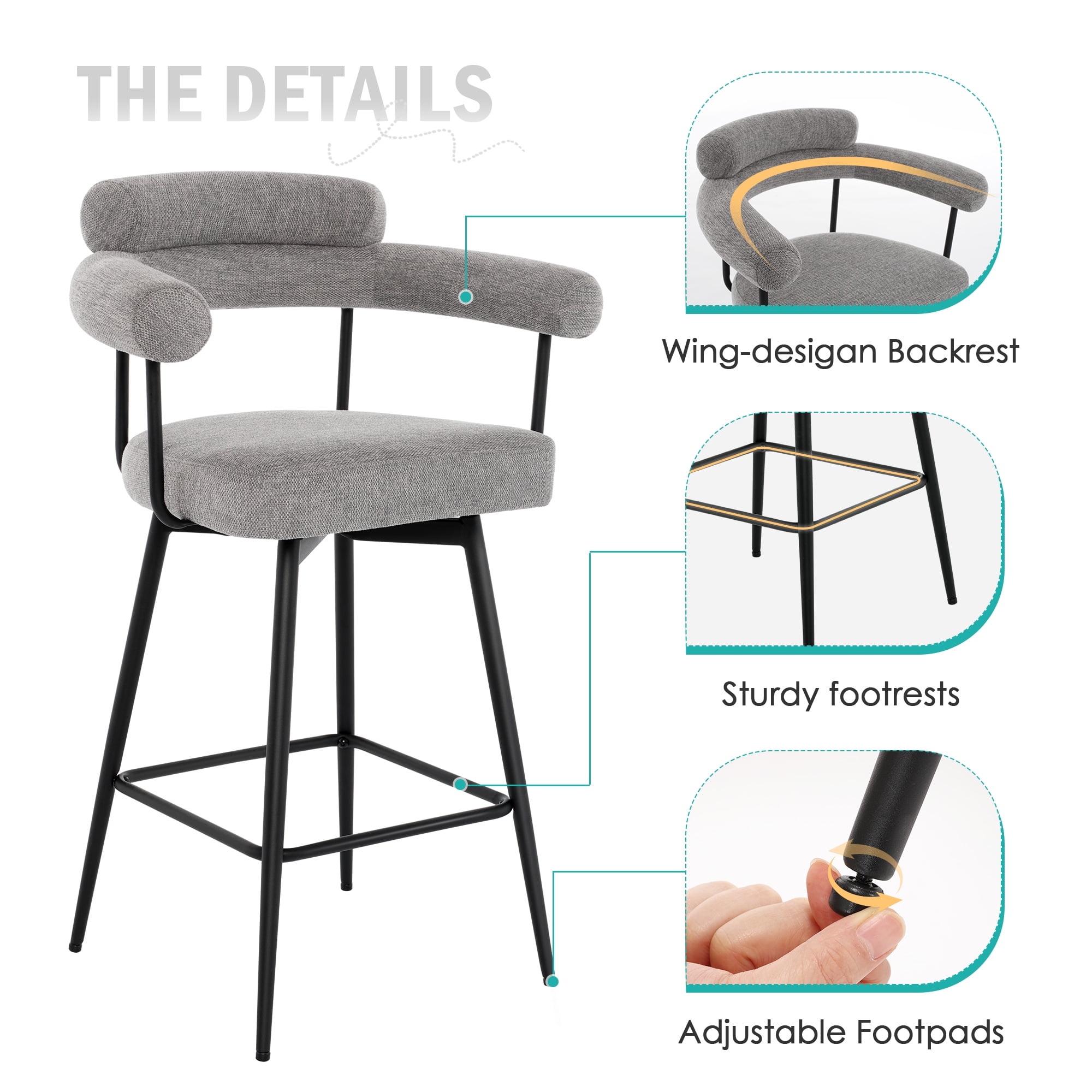 Zesthouse 26.7" Swivel Counter Stools Set of 2, Linen Upholstered Bar Stools with Back and Metal Legs, Modern Counter Height Chairs for Kitchen Island, Gray