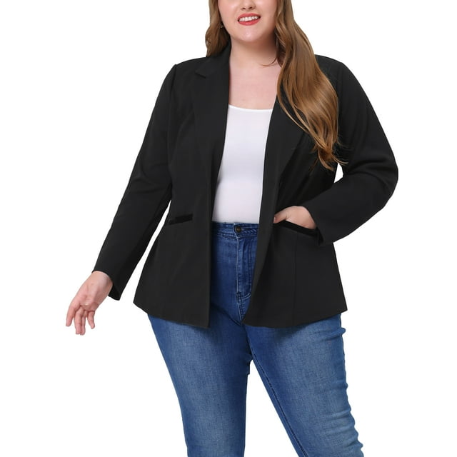 GRACE & GRANDEUR Blazer de Bureau pour Femme Grande Taille d'Automne à Revers Cranté, Boutonné, 2X Noir