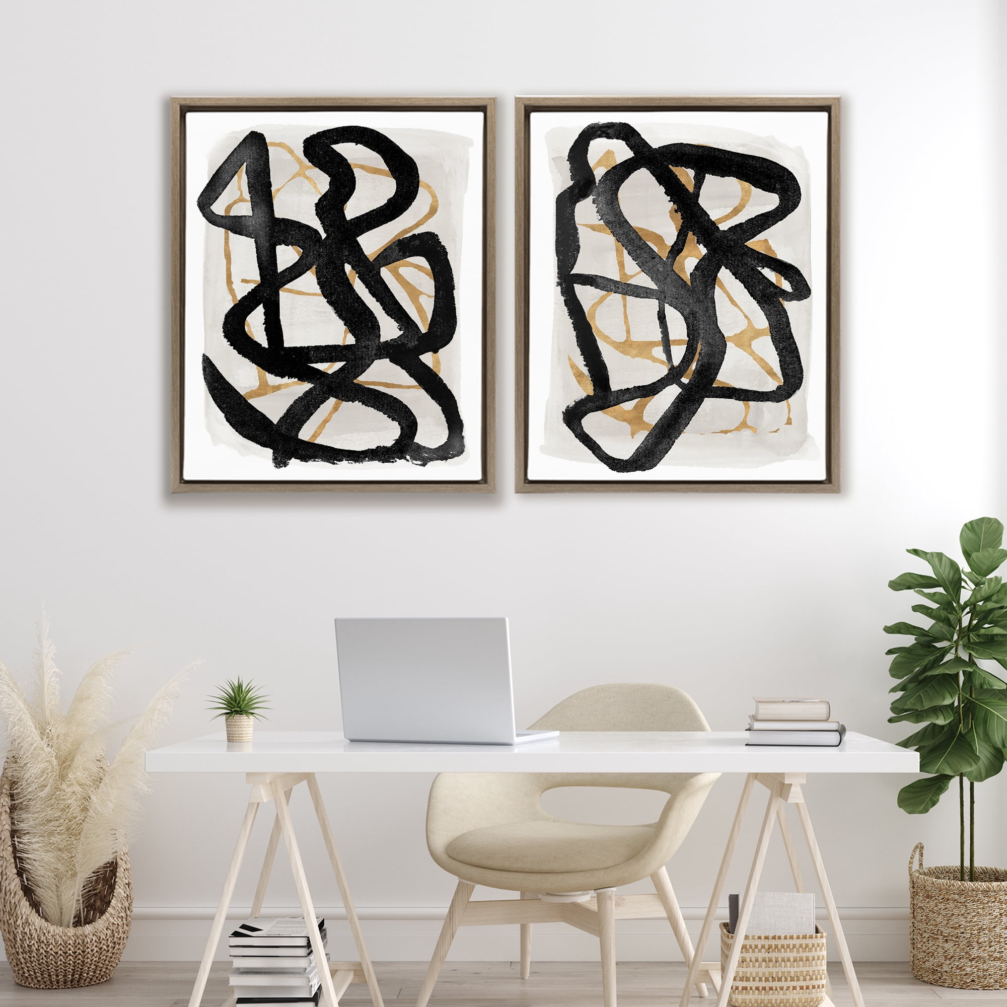Stupell Industries Contemporary Hindsight Squiggles 2 Piece Brown Framed Floater Canvas Set, design by Lucille Price