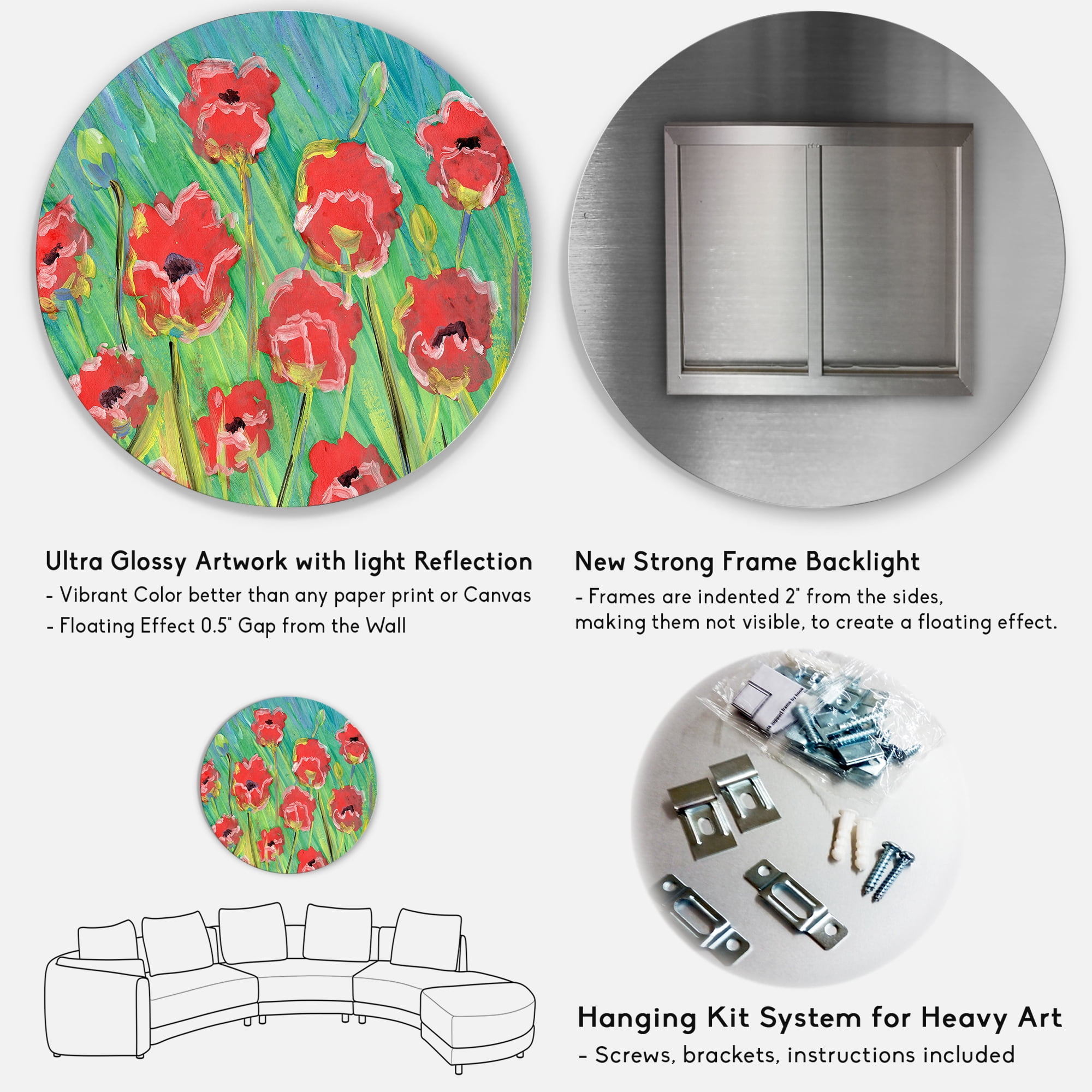 Designart 'Gouache Of Blooming Red Poppies' Traditional Circle Metal Wall Art 36x36 - Disc of 36
