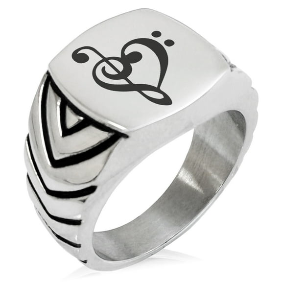 Stainless Steel Treble Bass Clef Musical Heart Chevron Pattern Biker Style Polished Ring