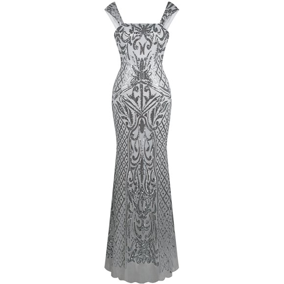 Angel-fashions Women's Square Collar Silver Sequin Floral Pattern Wrap Evening Dress