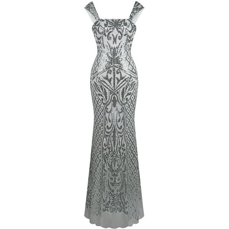 Angel-fashions Women's Square Collar Silver Sequin Floral Pattern Wrap Evening (Best Wrap Dress Pattern)