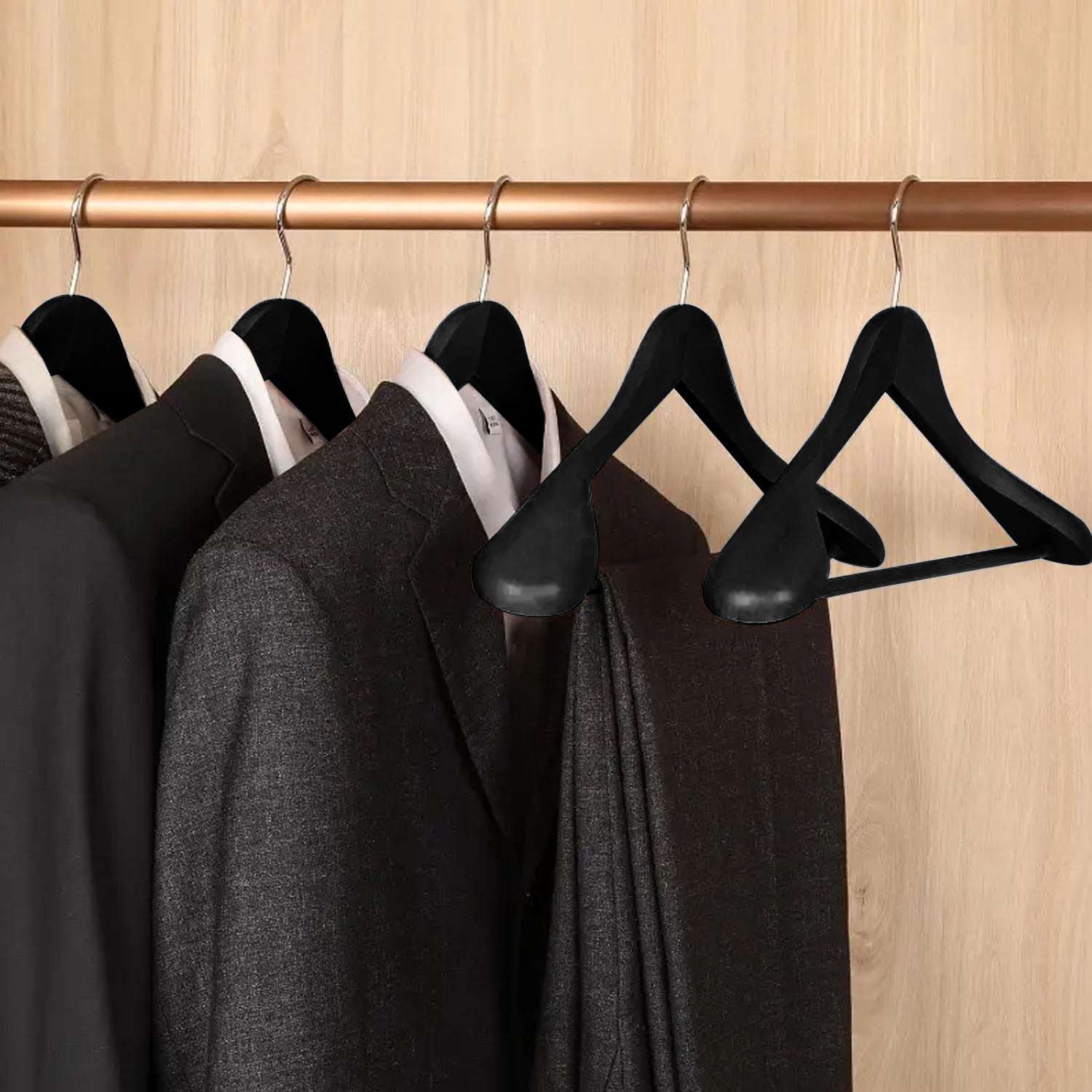 BagDream 8 Pack Wide Shoulder Wooden Suit Hangers with Non Slip Pants Bar, Solid Wood Jacket Clothes Hangers Smooth Finish for Sweater, Pants, Heavy Clothes, Black