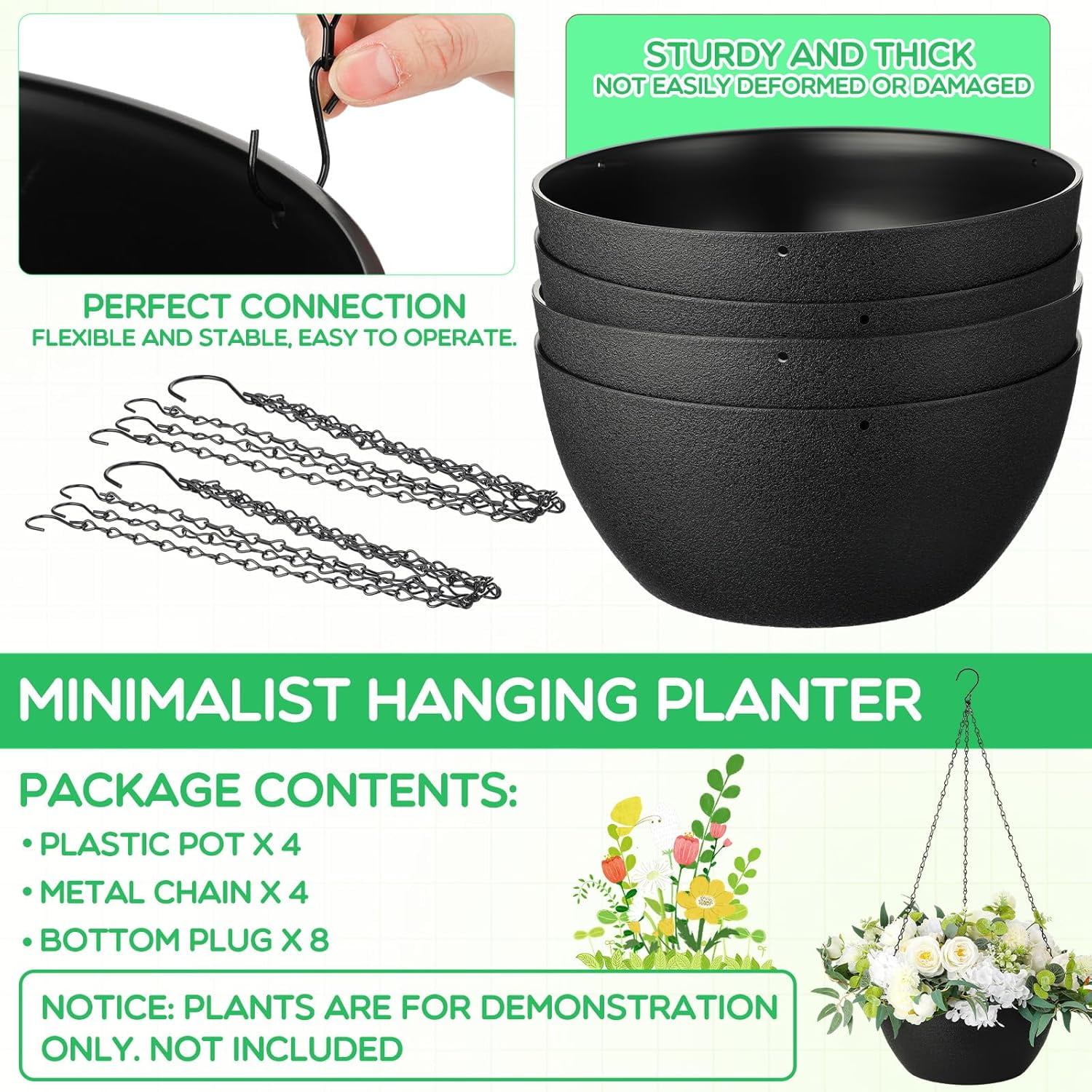 KitchenKey 4 Pack 13 Inch Large Hanging Planters Indoor Outdoor Flower Pots, Plant Containers with Drainage Hole Round Hanging Plant Pot for Home Garden Porch Balcony Patio Decor(Black)