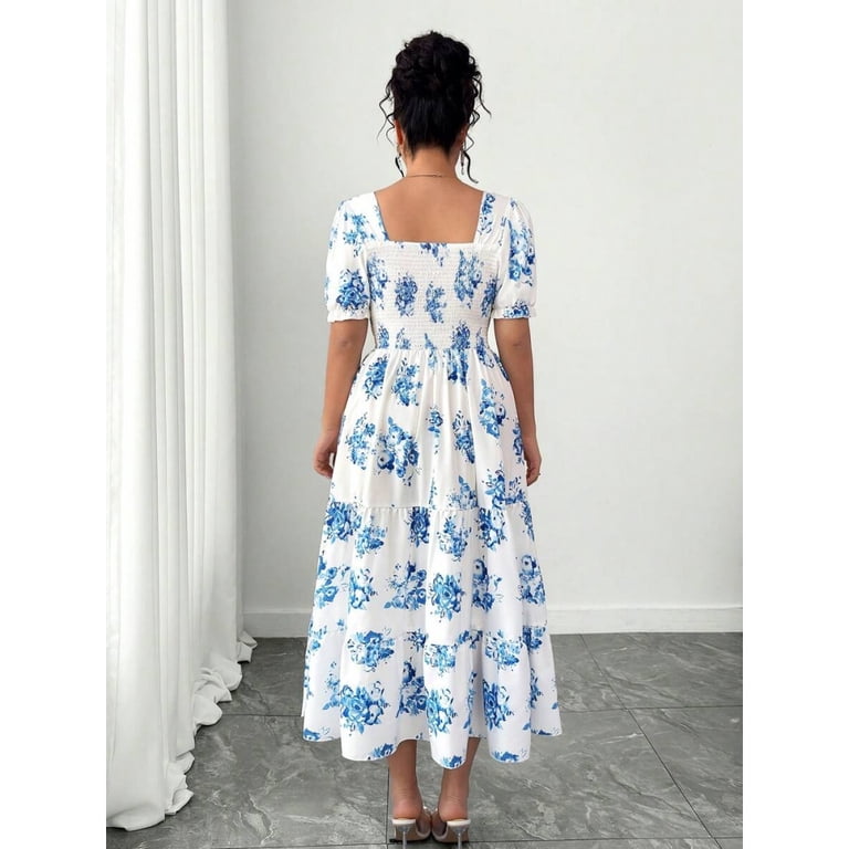 Blue & White Floral Print Square Neck Ruffle Bust Elastic Waist Flowy Maxi Dress For Women Summer Beach Vacation