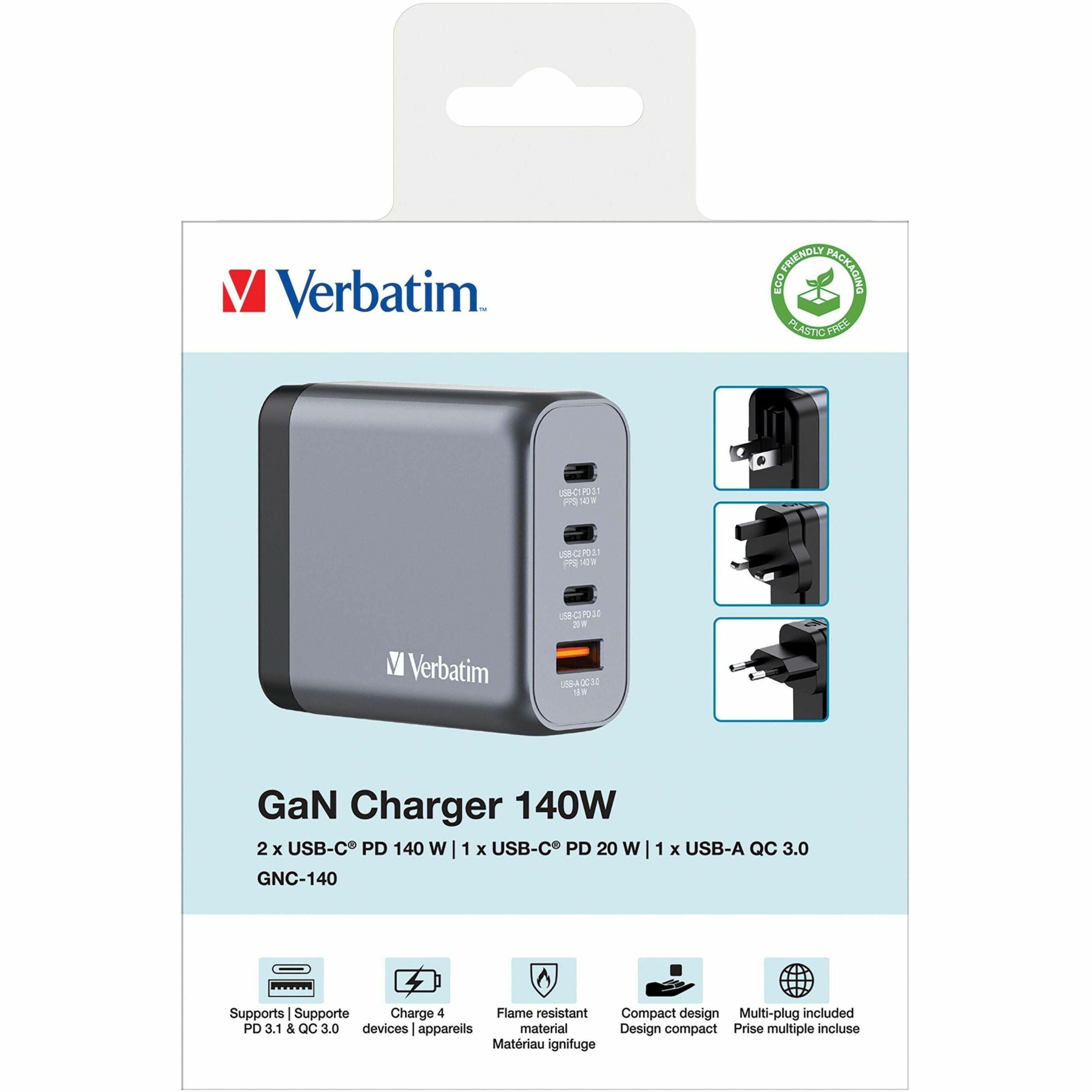 Verbatim 140 W 4-Port GaN Wall Charger, Black/Gray