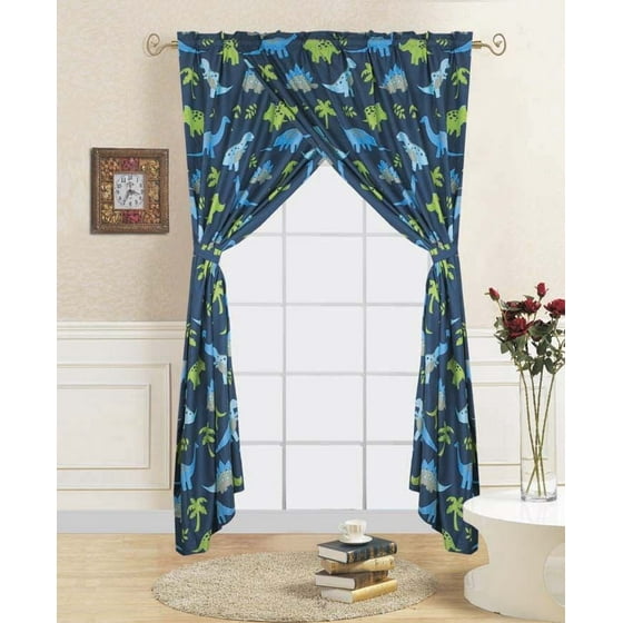 4 Pc Dinosaur Blue Kids Bedroom Window Panel Pair Set Of Two Rod Pocket Curtains 38 In Wide X 84 Length Each With Matching Tie Backs