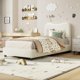 thumbnail image 1 of Senfot tamaño individual niños marco cama forrado cabecero low-profile sturdy cama plataforma soft bouclé fabric girls y boys; heavy-duty madera slats noise-free no box spring required, 1 of 7
