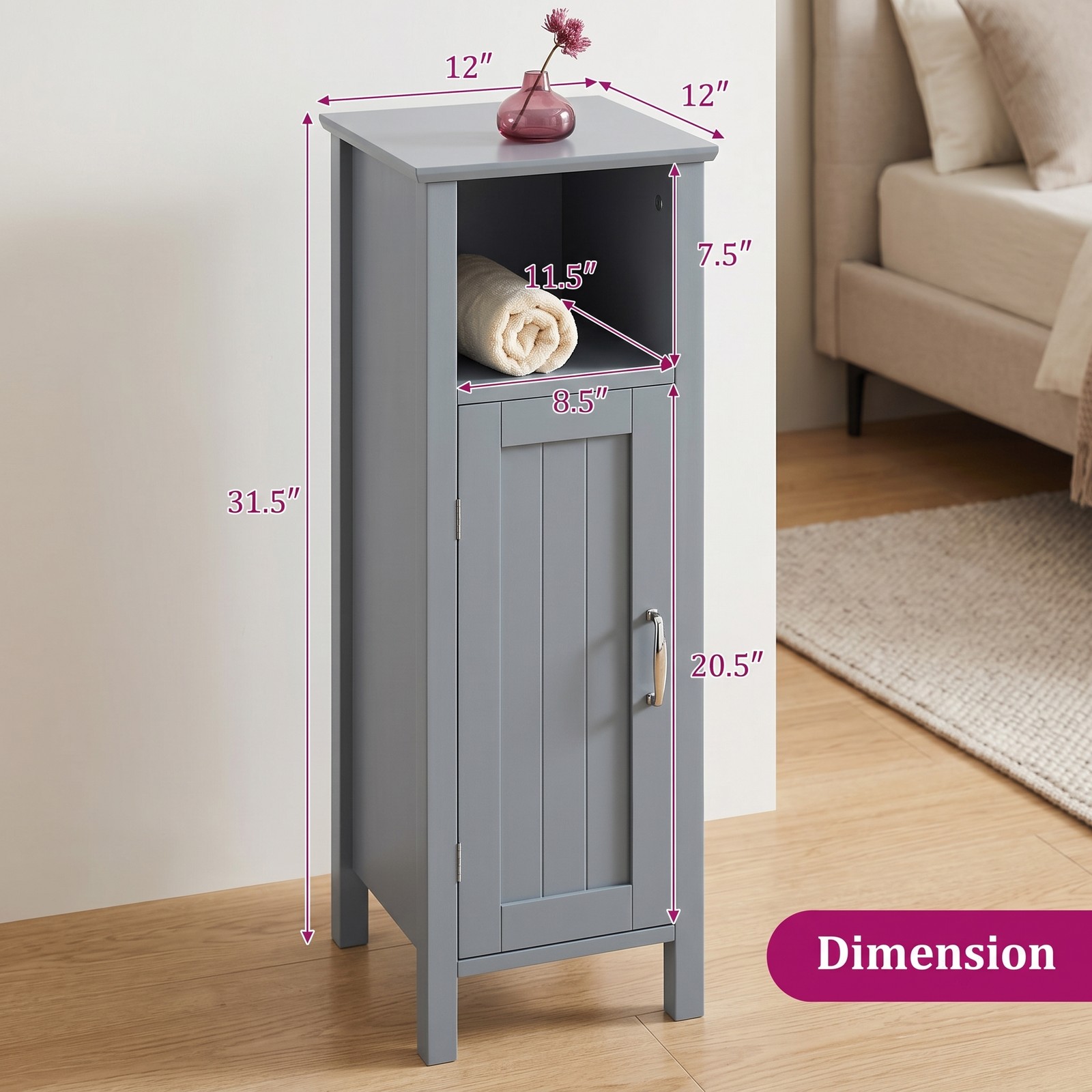 Fenbeli Freestanding Bathroom Storage Cabinet, 2-Tier Floor Organizer with Open Shelf and 1-Door Compartment, Anti-Tip MDF Corner Storage Unit for Bathroom, Gray
