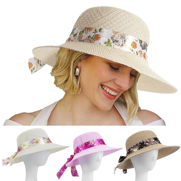 Womens Straw Sun Hats Bowknot Wide Brim Beach Hats UV UPF 50 Summer Sun Travel Hat for Women