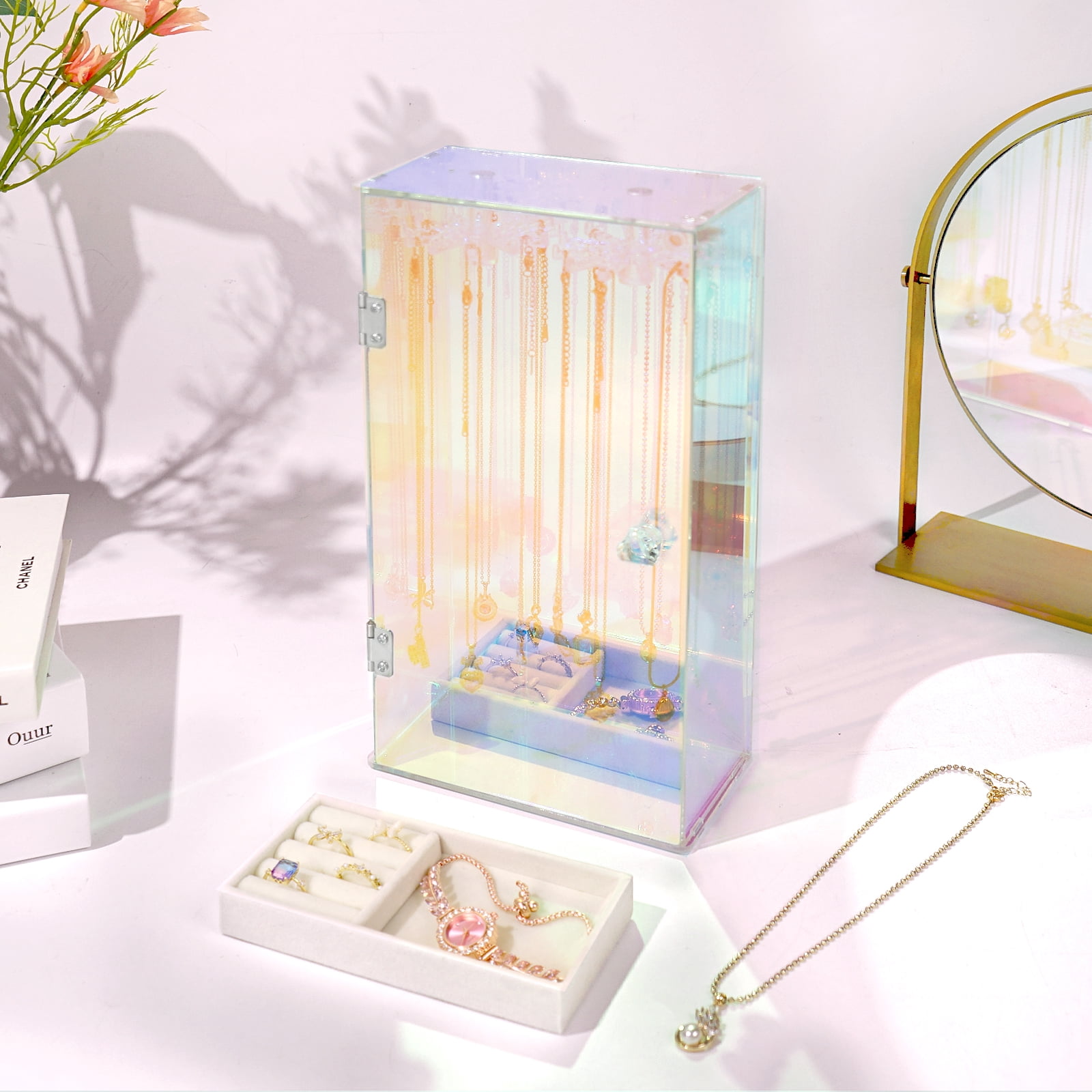 Haturi Iridescent Necklace Organizer, Acrylic Necklace Holder w/Velvet Tray, Dustproof Rotation Jewelry Holder Organizer Display Stand Box Hanger, Necklaces Ring Bracelet Case, Gift for Women, Girl