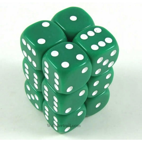 Green Opaque Dice with White Pips D6 16mm (5/8in) Pack of 12 Koplow Games