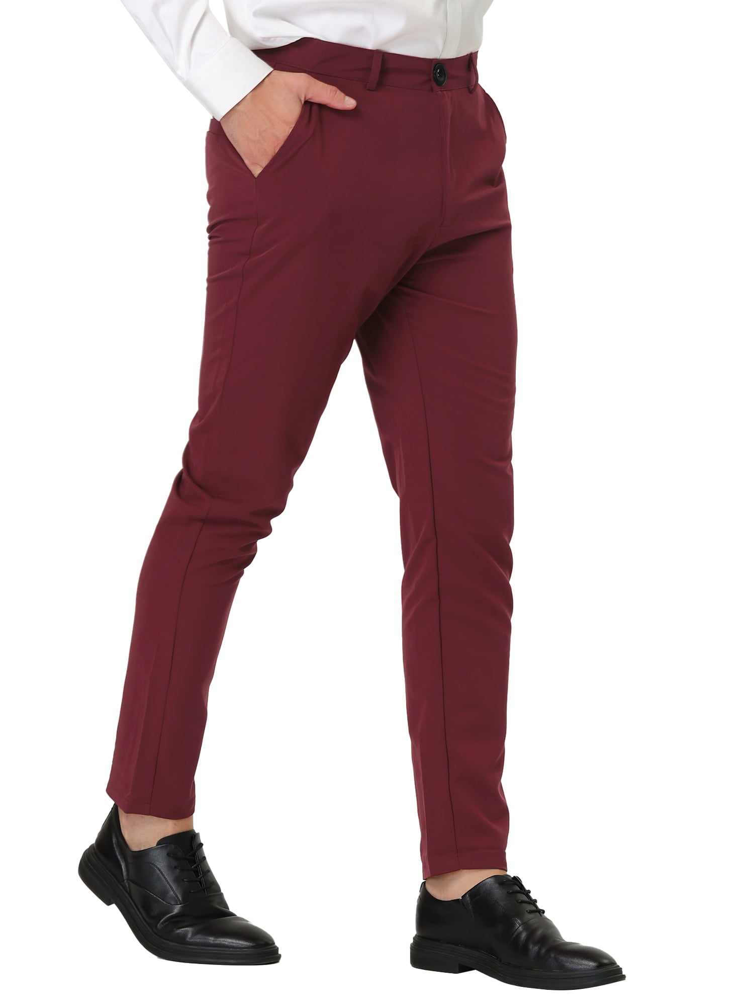 Unique Bargains Men's Slim Fit Flat Front Solid Color Business Chino Trouser 38 Burgundy