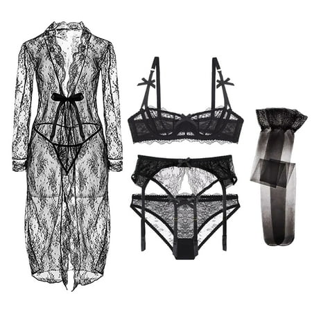 

Women s Sexy Lace Embroidery Bra Underwire Balconette Bra Set and Robe 6 piece