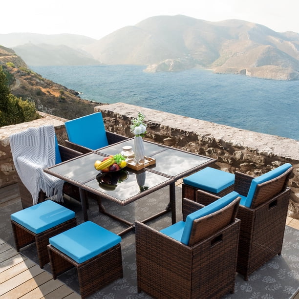 Walnew 9 Pieces Patio Dining Sets Outdoor Furniture Patio Wicker Rattan Chairs And Tempered Glass Table Sectional Set Conversation Set Cushioned With Ottoman Blue Walmart Com Walmart Com