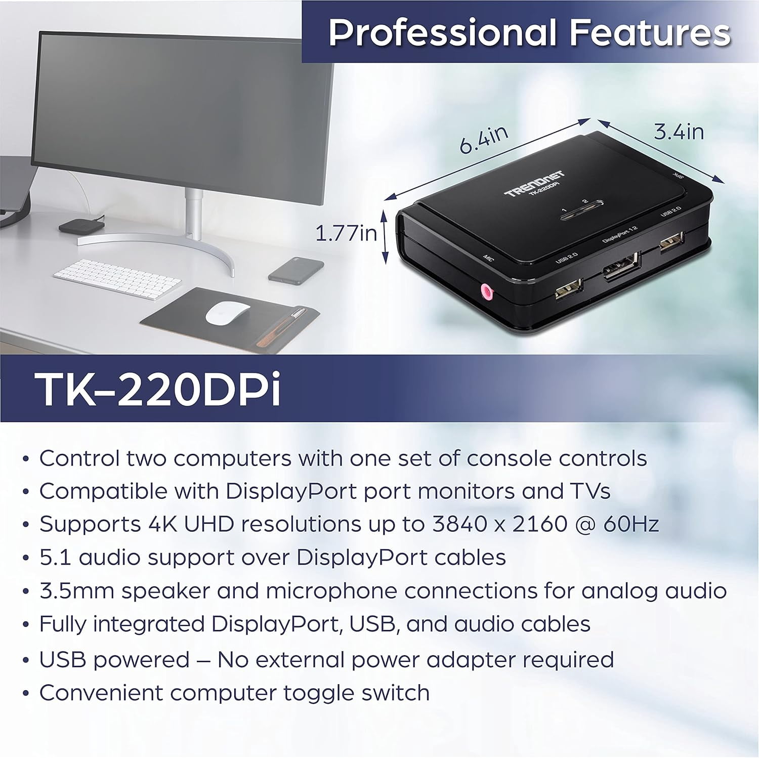 TRENDnet TK-220DPi, 2-Port 4K DisplayPort KVM Switch