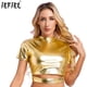 thumbnail image 2 of Top corto metálico brillante para mujer, Top ajustado de manga corta con cuello simulado, blusa de moda, camisola de Jazz, discoteca, fiesta rave, ropa para discoteca, 2 of 5