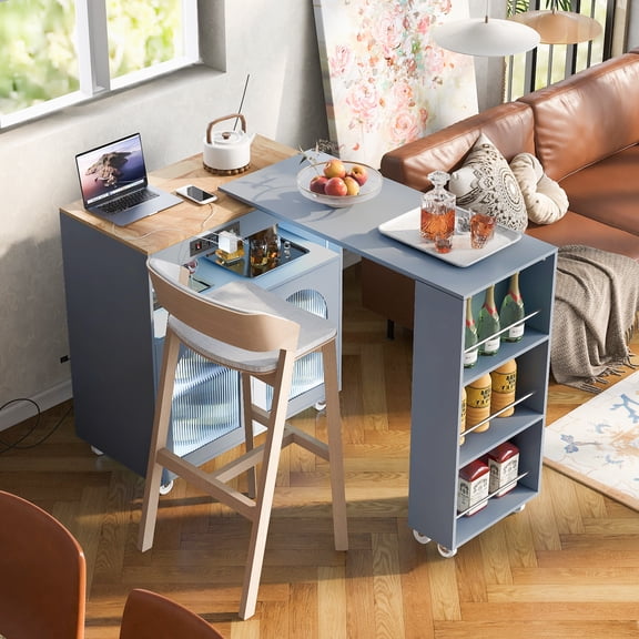 Aukfa Rolling Kitchen Island with Extended Table, LED Lights & Power Outlets,Gray & Blue