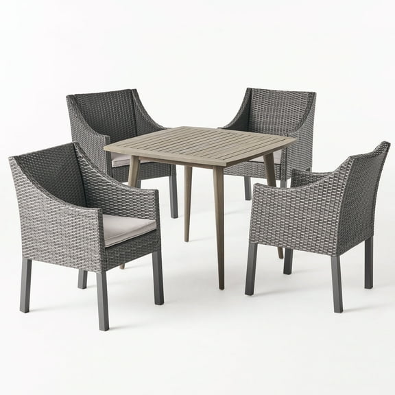 GDF Studio Jeco Outdoor Acacia Wood and Wicker 5 Piece Dining Set with Cushion, Gray and Light Gray