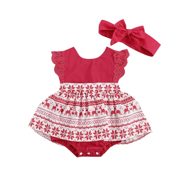 FOCUSNORM Barboteuse de Noël pour Filles Imprimé Manches Volantes Dentelle Patchwork + Bandeau