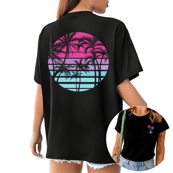 Retro 80s Palm Tree Sunset Graphic Short Sleeve T-Shirt Crewneck Black Tops