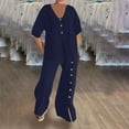 thumbnail image 4 of Scyoekwg Two Piece Outfits for Women Summer Cotton Linen Short Sleeve V-Neck Button Tops Wide Leg Pants Casual Trendy Sweatsuits Sets Loose Solid Color Outfits (Navy,M), 4 of 8