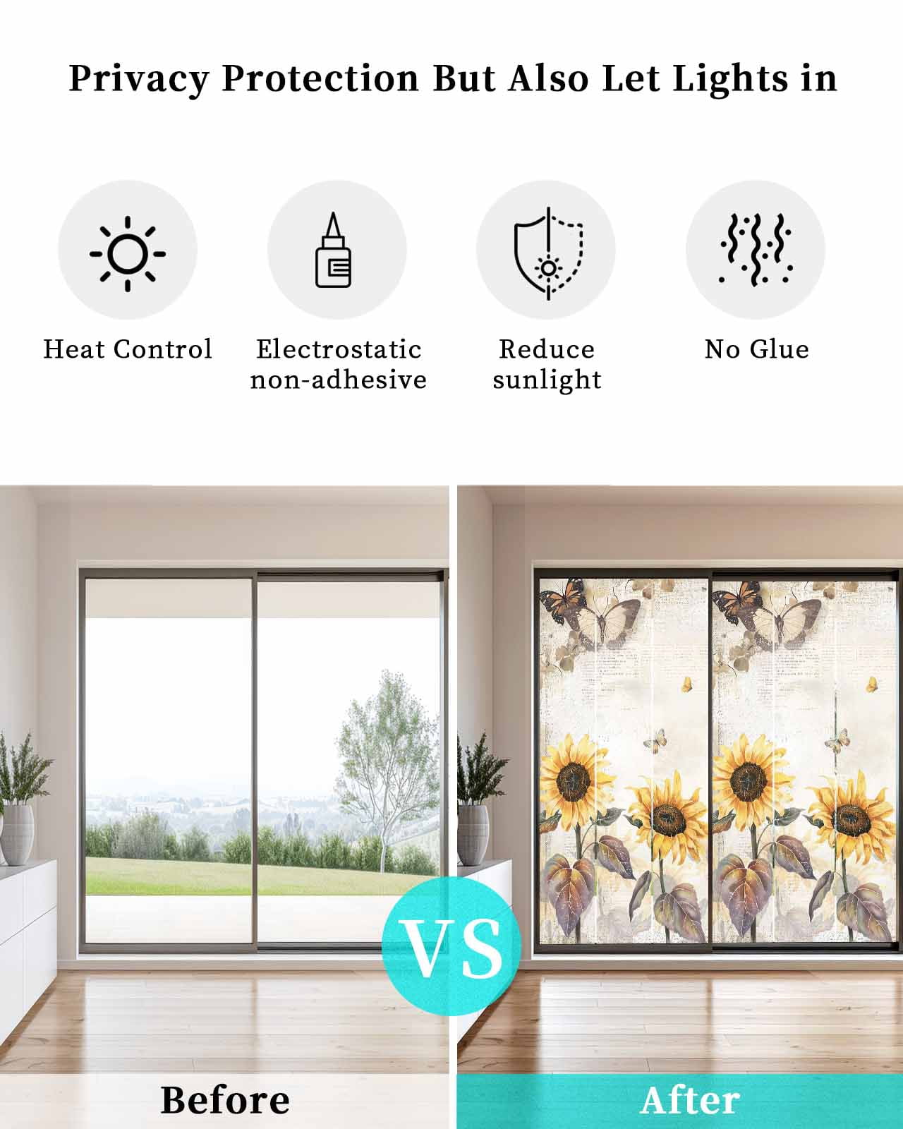 Window Privacy Film Sunflower Stained Glass Window Film Decorative Sun Block Window Cover Farmhouse Plant Retro Butterfly Yellow Floral Window Clings Static Adhesive Sticker for Bathroom 29.5"x78.7"