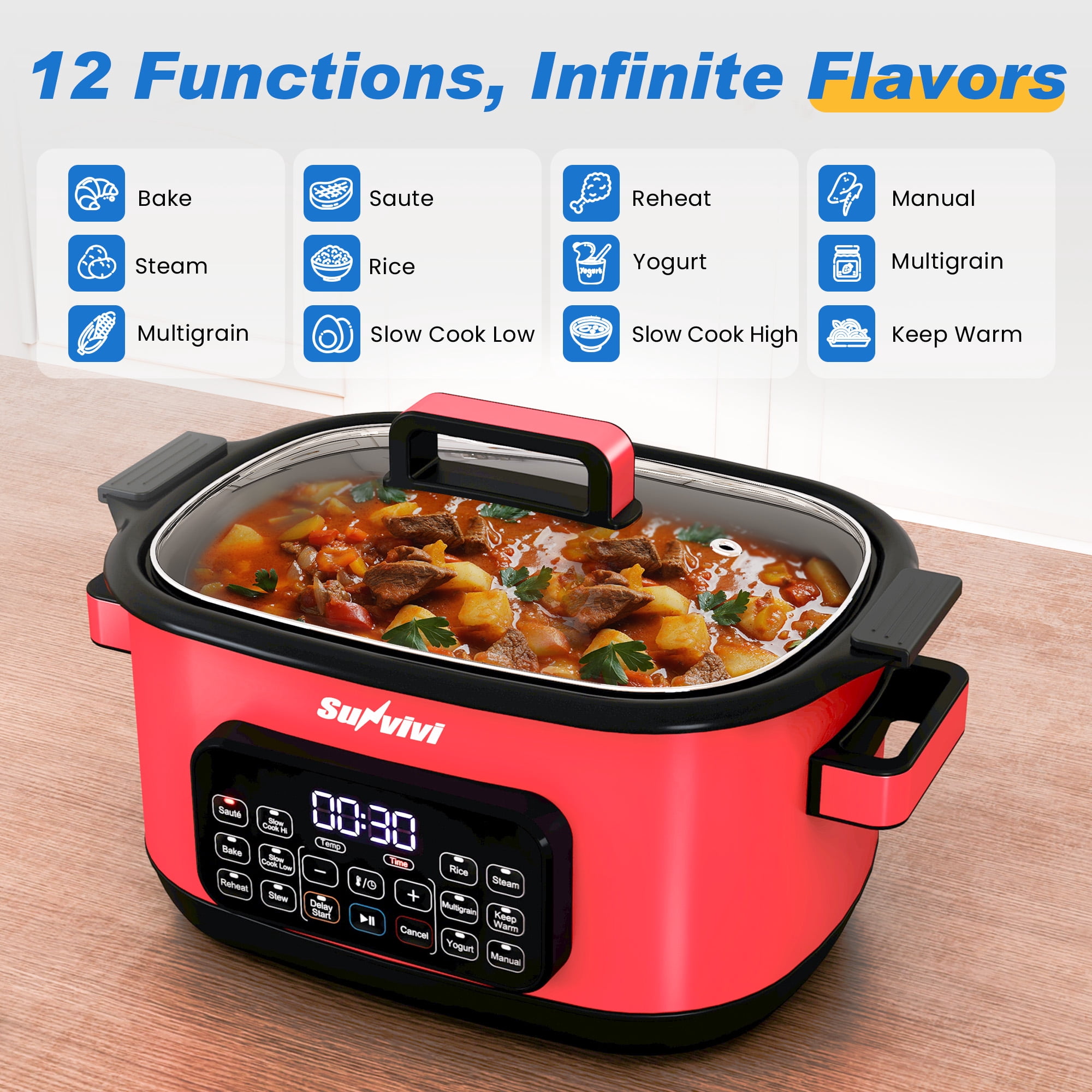 Sunvivi 12-in-1 Digital Programmable Slow Cooker, 6.5 QT Large Multicooker, Multi-Cooker with Timer, Temp Control, Red