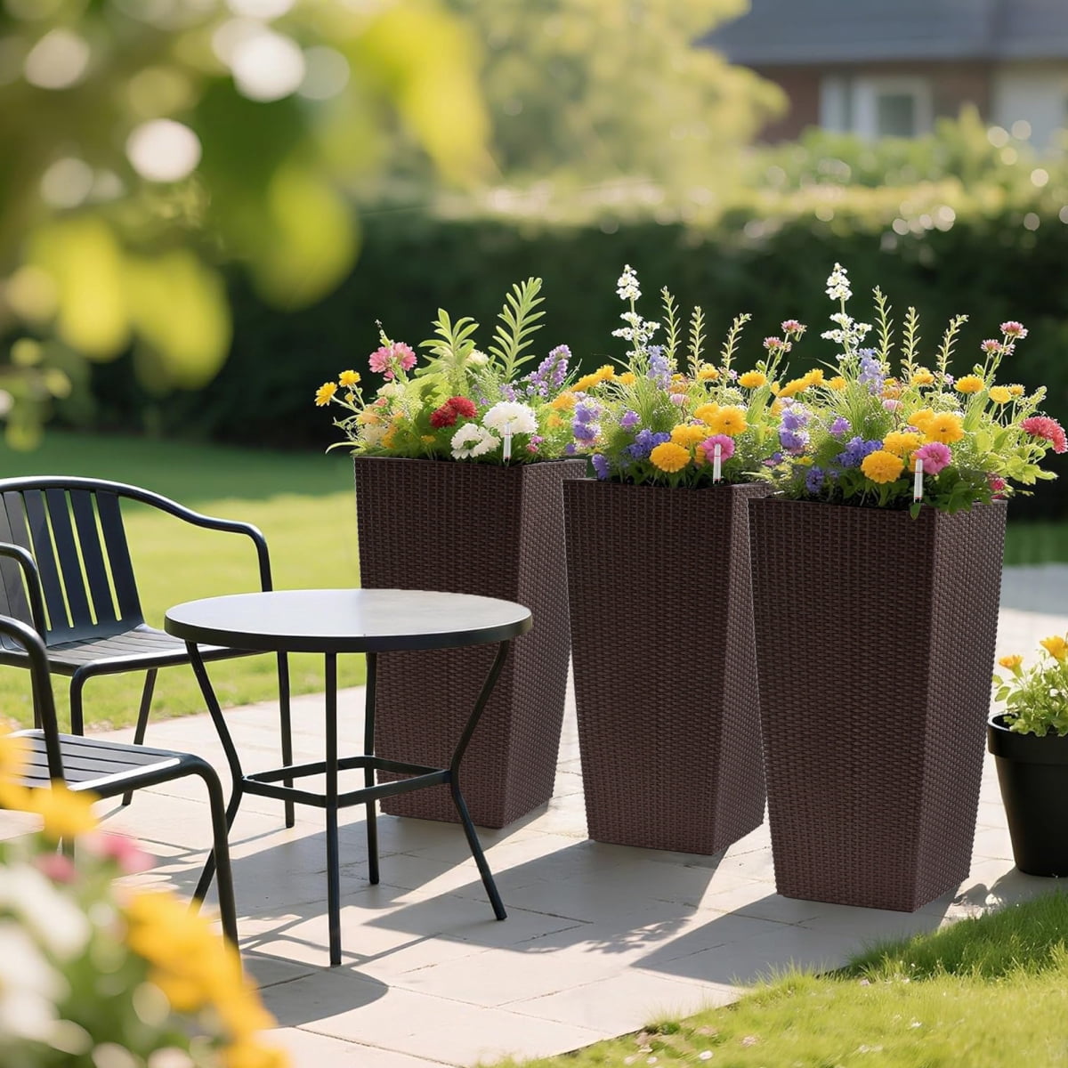 Set of 2 30 Inch Tall Large Flower Pots Self Watering Planters with Drain Holes Water Level Monitor Inner Bucket Brown