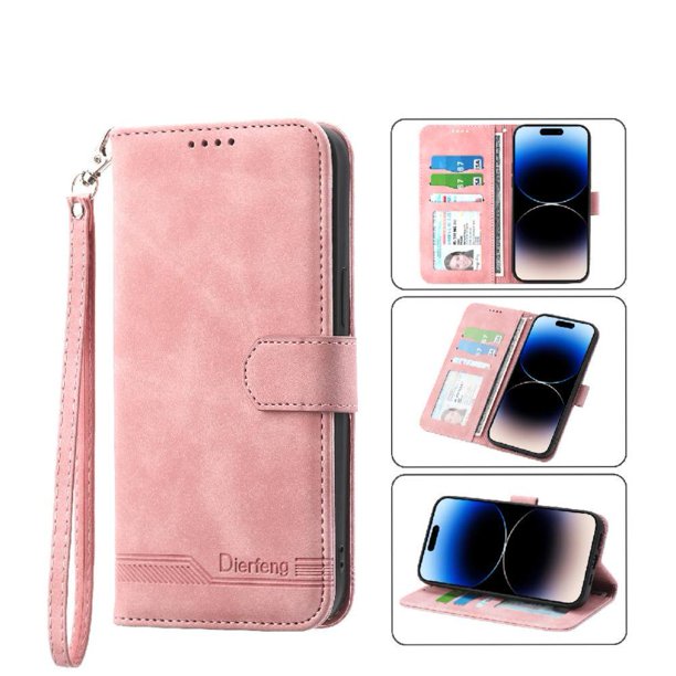 Funda Tipo Billetera para iPhone 17 Pro Carcasa Abatible con Porta Tarjetas, Bolsillo para Efectivo, Soporte Ajustable, Cierre Magnético y Correa de Muñeca Rosa