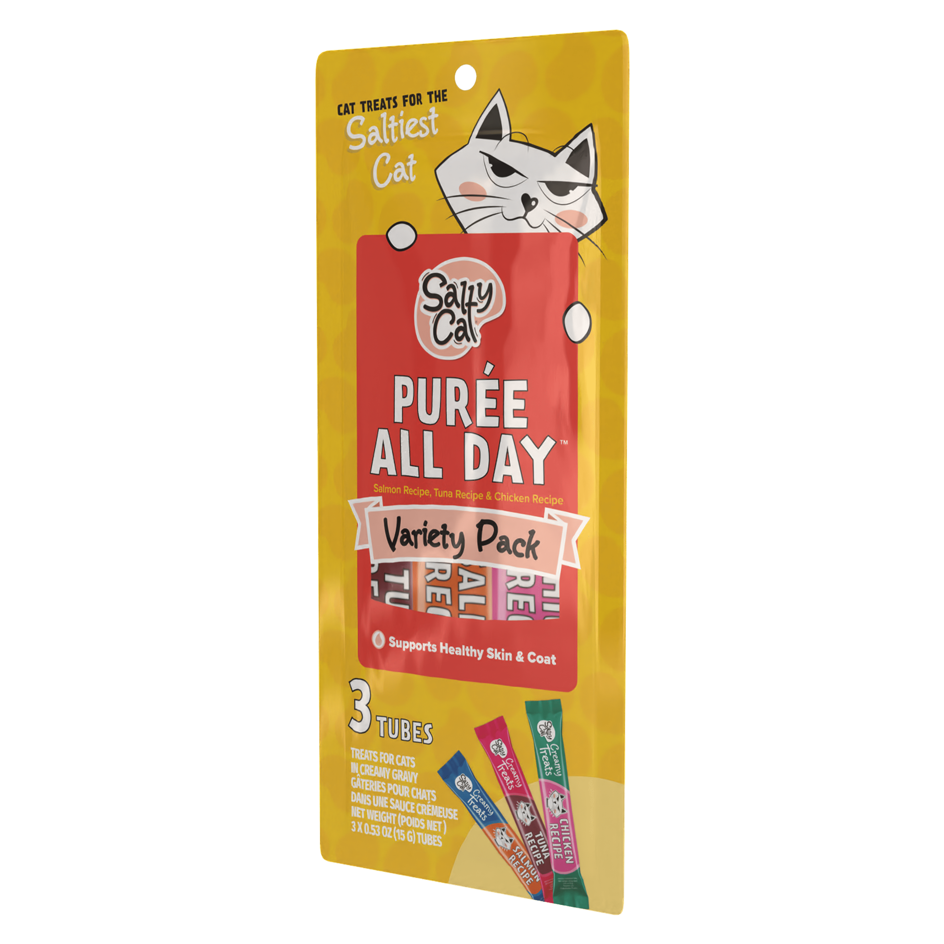 (12 pack) Salty Cat Purée All Day Everyday Tube Treat - Variety Pack - 3 Pack (pouch)