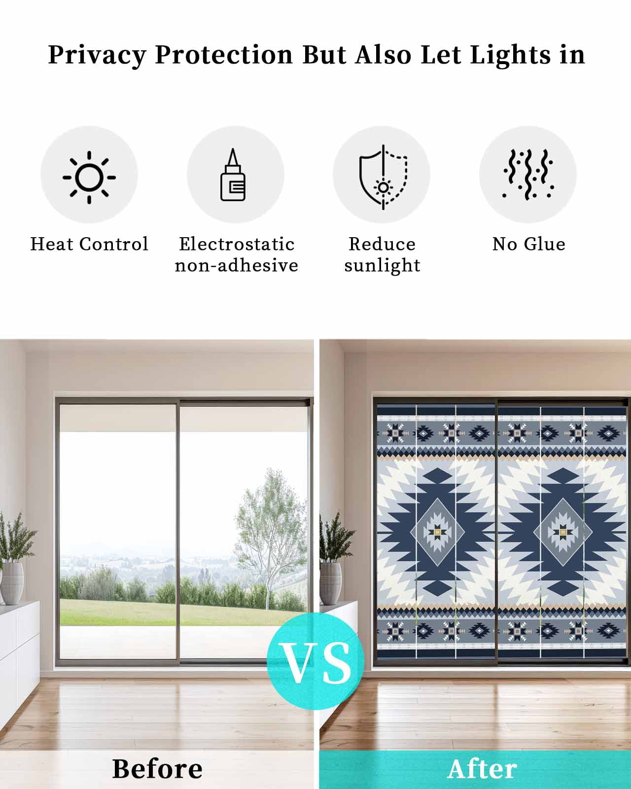 Window Privacy Film Blue Gray Boho Stained Glass Window Film Decorative Sun Block Window Cover Southwestern Ethnic Abstract Geometric Window Clings Static Adhesive Sticker for Bathroom 23.6"x59"