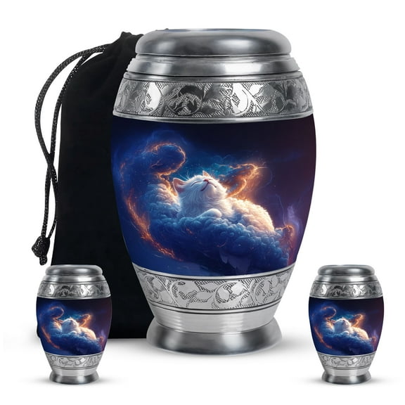 KARYLIZ Cat Cremation Urns for Human Ashes - Blue Sunset Small Keepsake Cremation Urn - Burial Decorative Urns for Adult Male - Funeral Urns for Women - Memorial Keepsake 10 Inch & 3 Inch, Combo of 3
