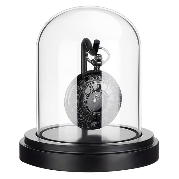 3x4 inch Pocket Watch Display Case Watch Glass Display Dome Cloche Black Dome Cloche Wooden Base with Metal Hook