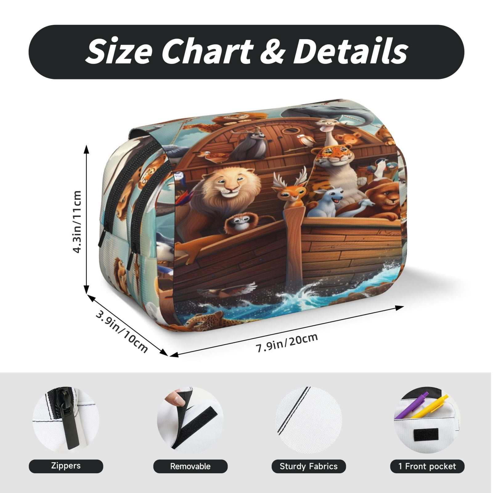 Rateoe Animal Filled Noahs Ark Pattern Double Clamshell Pen Case, Storage Organizer with Two Zipper Compartments– Holds Up to 50 Pencils & Pens