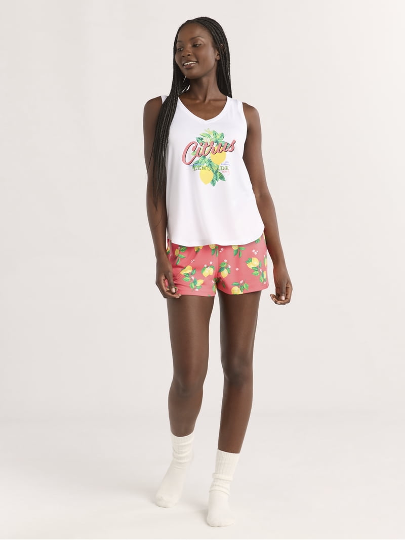Joyspun Women's Printed Tank Top and Shorts Pajama Set, 2-Piece