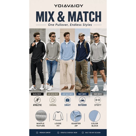 YOIAVAIOY Men's Quarter Zip Sweatshirts Waffle Knit Loose Fit Color Block Pullovers Stand Collar Sporty Casual Tops Blue XL