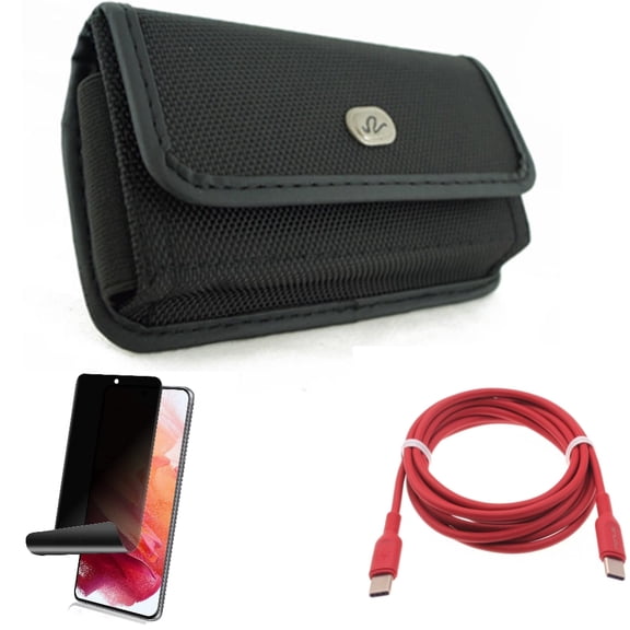 Red 6ft Long Cable & Case Belt Clip & Privacy Screen Protector for Samsung Galaxy S22 (6.1") - USB-C to Type-C PD Fast Charger & Rugged Holster & TPU Film Fingerprint Works Accessory Bundle