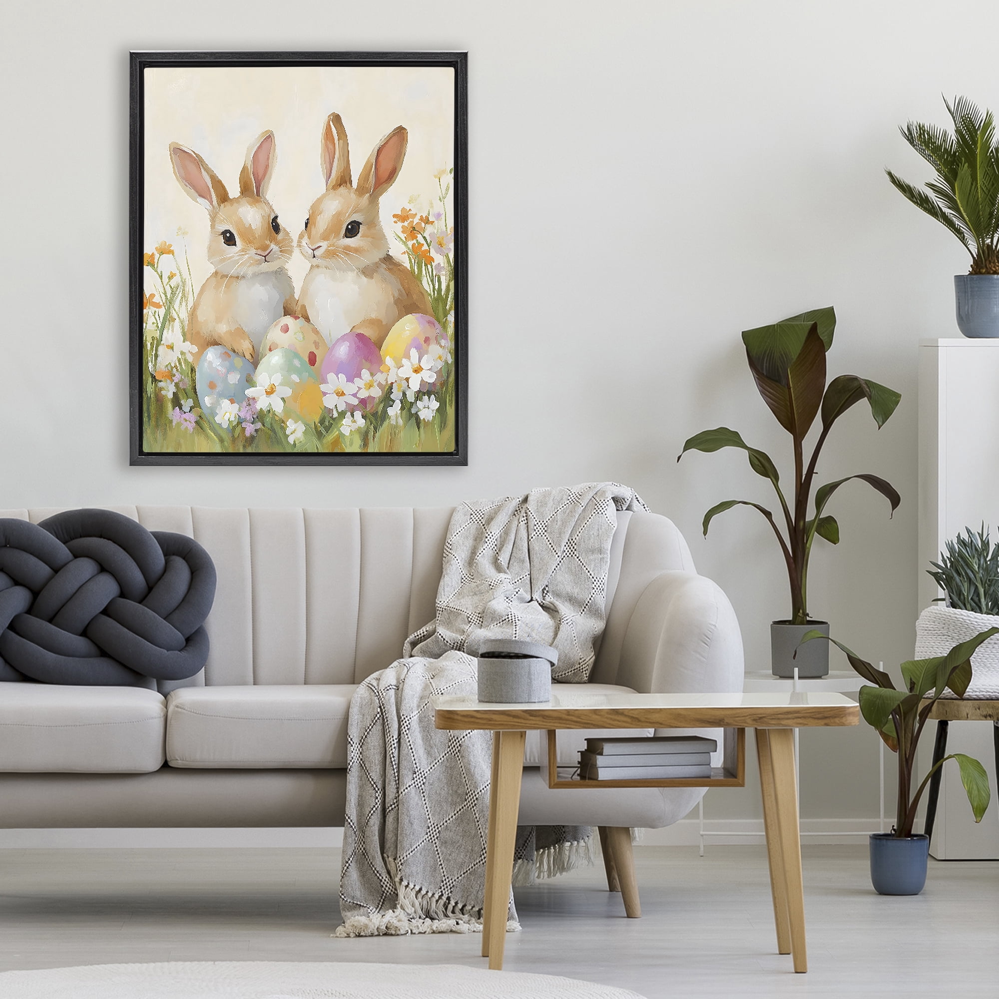 Stupell Industries Bunnies with Painted Easter Eggs Black Framed Floater Canvas Wall Art, design by The Prints Vibe