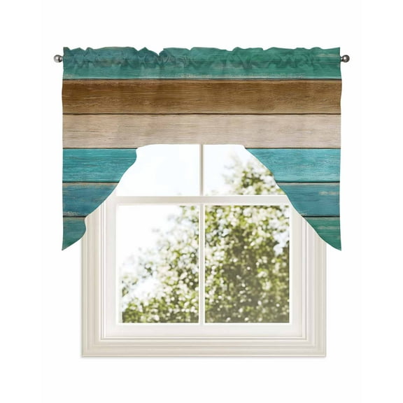 Brown Teal Blue Kitchen Curtains Swag Valance for Windows/Bathroom/Cafe, Vintage Wooden Art Farmhouse Rod Pocket Drape Panel Swag Curtains Valance for Bedroom/Living Room 56"x36"
