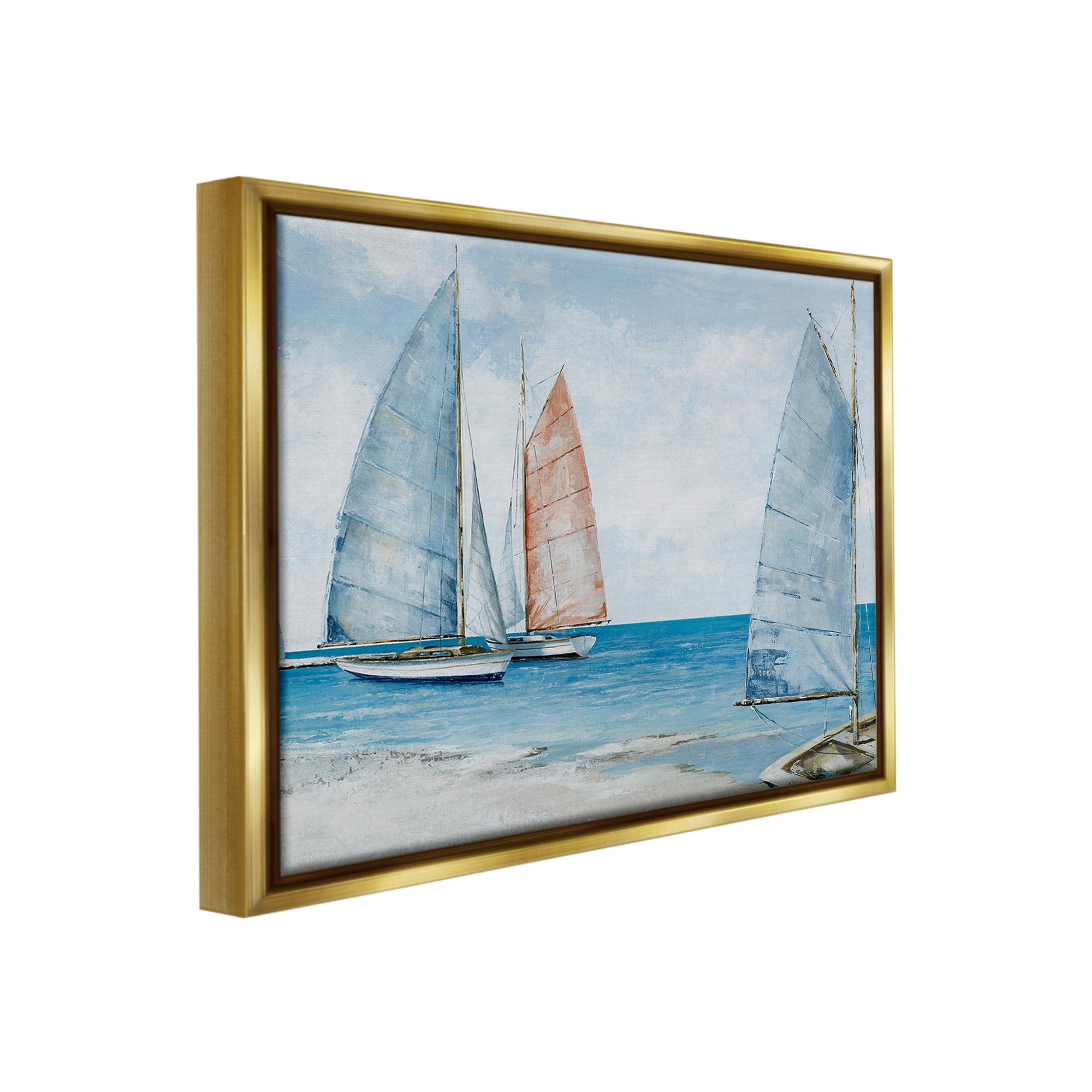 Stupell Industries Coastal Sailboat Fleet Transportation Painting Gold Floater Framed Canvas Art Print Wall Art, 21 x 17