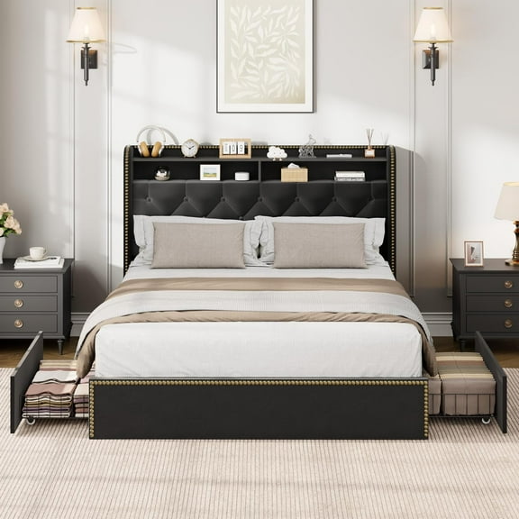 Velvet Queen Bed Frame with 4 Storage Drawers, Tufted Headboard, Nailhead Trim, No Box Spring, Black